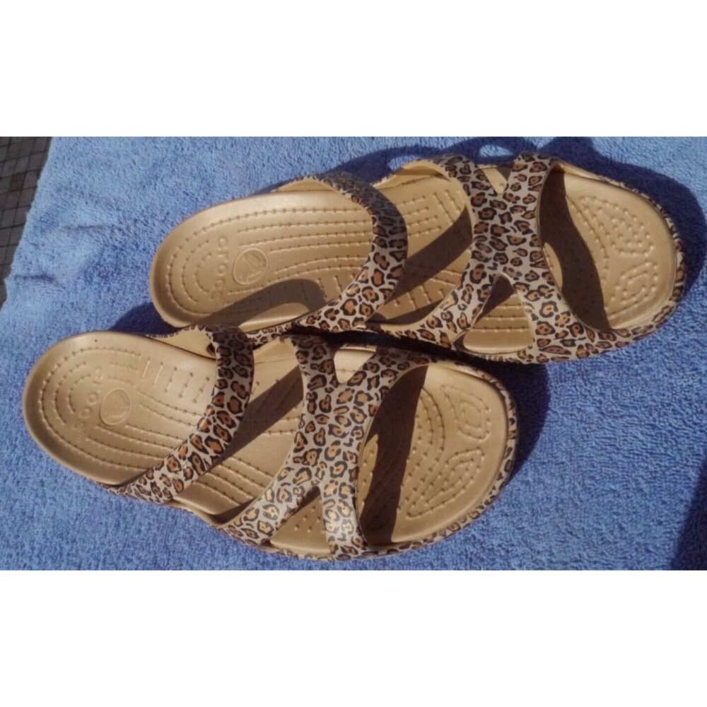 Crocs Sandals W 10 Tan Black Gold Cheetah Print Rubber Slides Slip On Flats Shoe